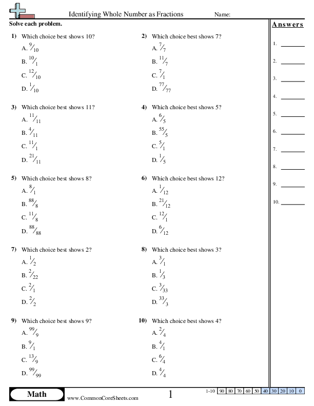 Identifying Whole Number as Fractions worksheet